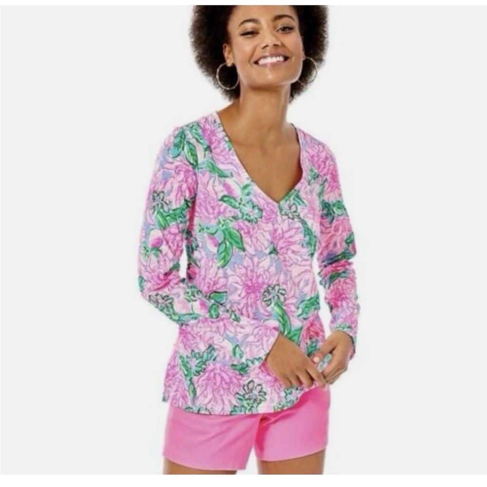 Lilly Pulitzer Pink and Green Etta Long Sleeve V-Neck Tee Top Floral Blossom XS